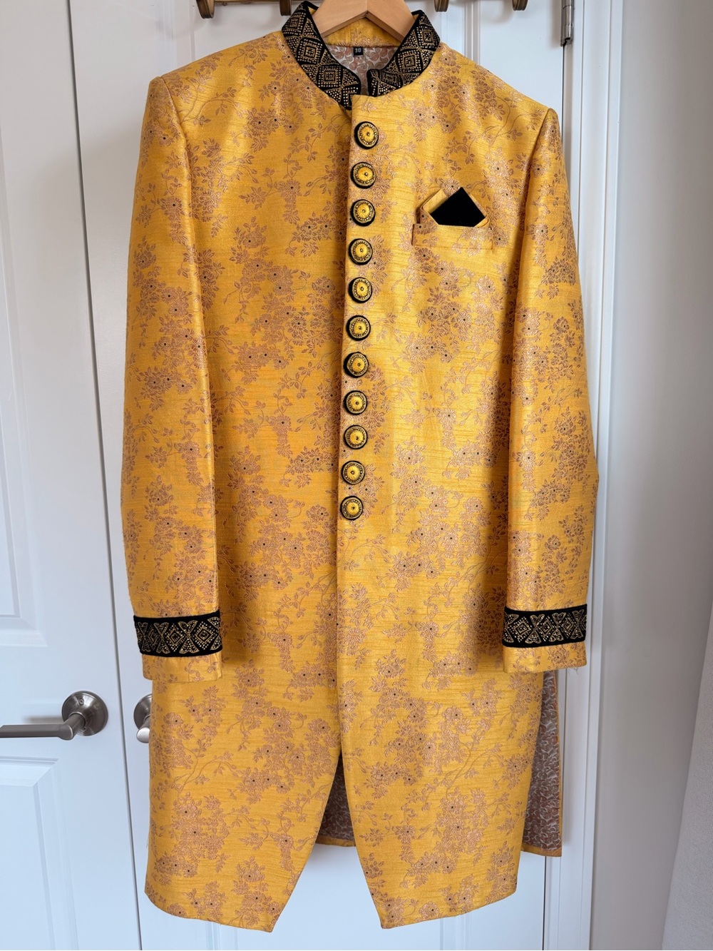 Yellow Brocade Sherwani with Black Trim